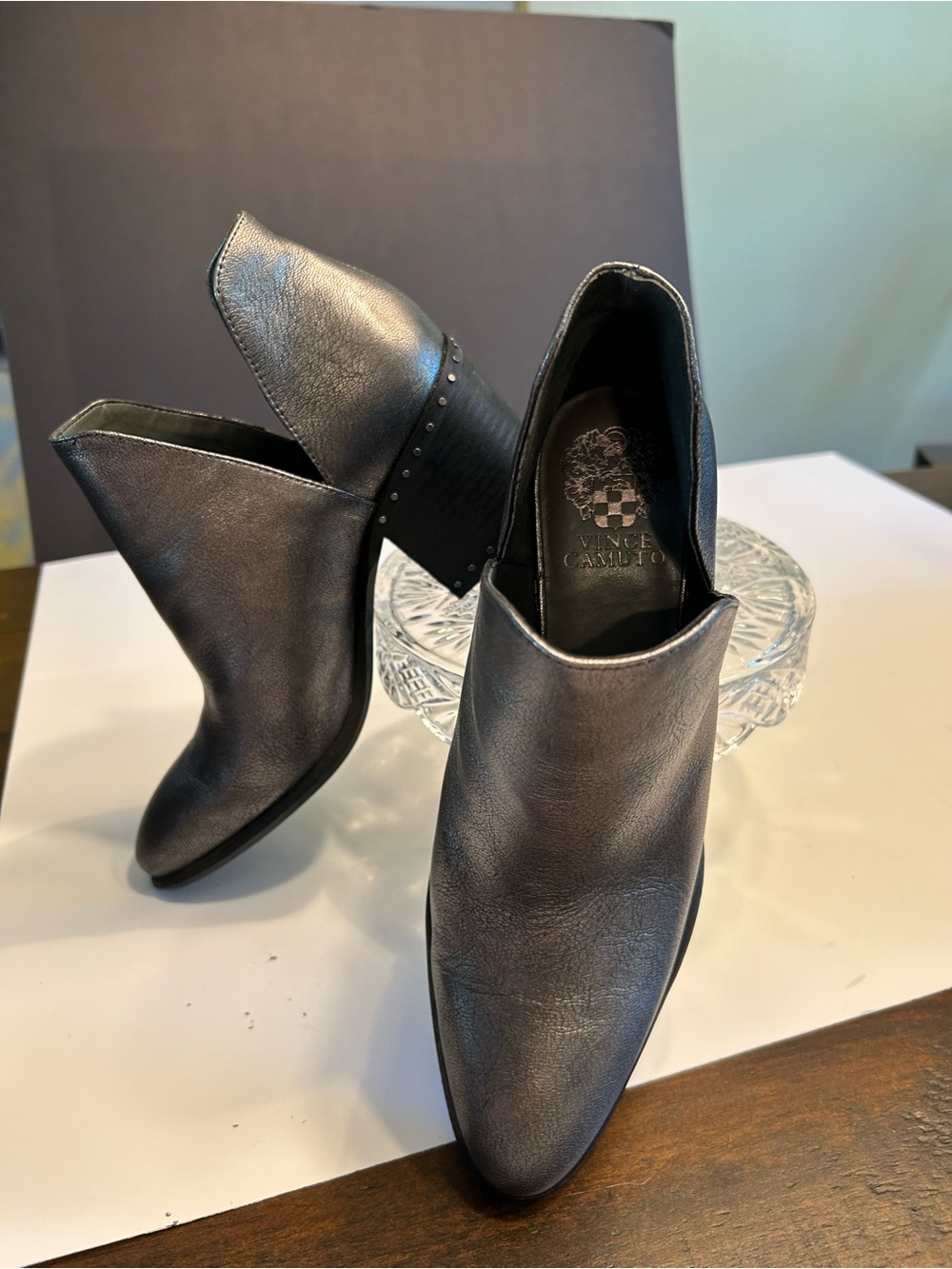 Vince Camuto grey Leather Slip-On Ankle Booties
